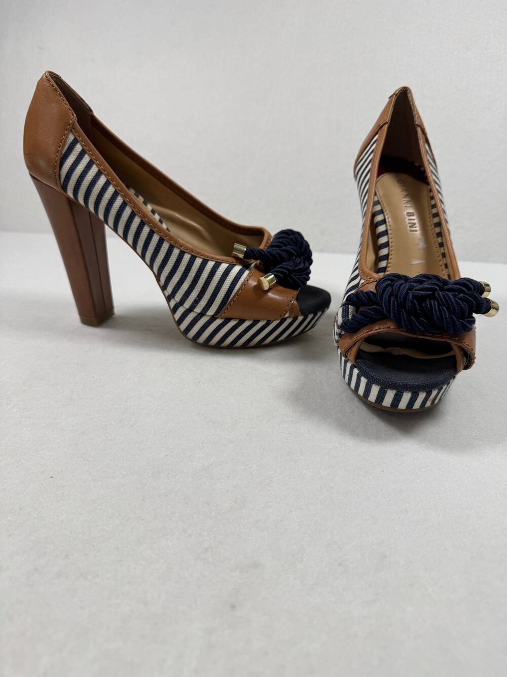Gianni Bini Nautical Platorm 4.5inch Heels Navy Rope Striped Canvas Leather 7.5M